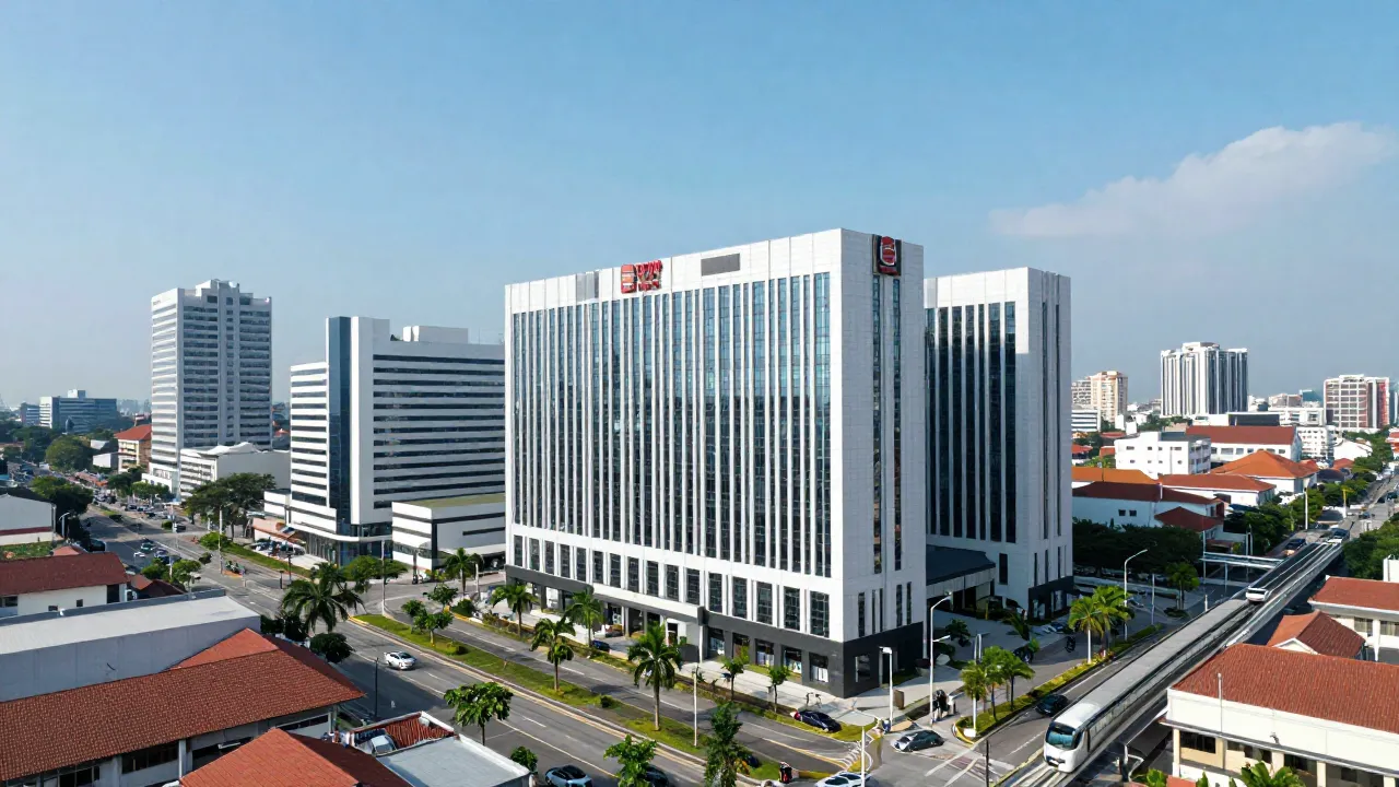 Panoramic view of Petaling Jaya, Malaysia with modern buildings and an LRT hint.