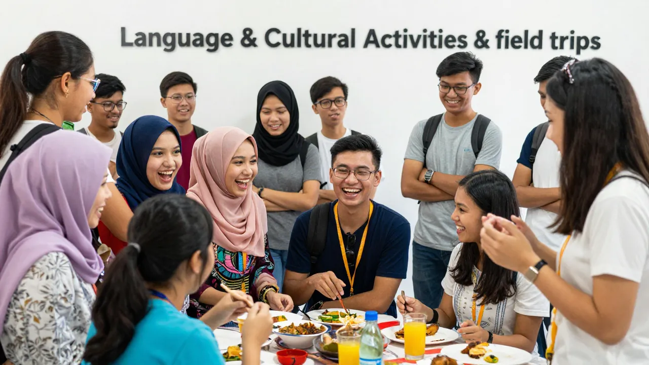 Diverse students enjoying a cultural activity or field trip in Malaysia.