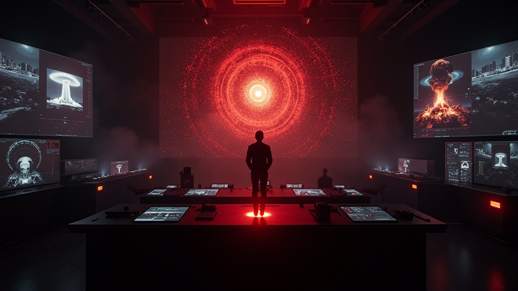 Sala de control militar futurista con inteligencia artificial
