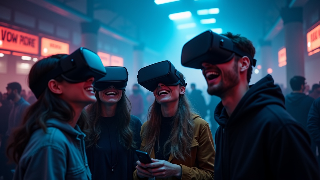 Grupo de amigos con gafas de realidad virtual listos para la experiencia apocalipsis zombie en Barcelona