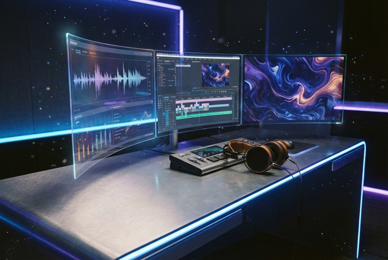 A futuristic music production workspace showing multiple glowing holographic screens displaying waveforms, video timelines, and AI-generated album artwork simultaneously. A pair of headphones rests on the sleek desk. Warm purple and blue ambient lighting fills the room, with digital particles floating in the air representing data flowing between screens.