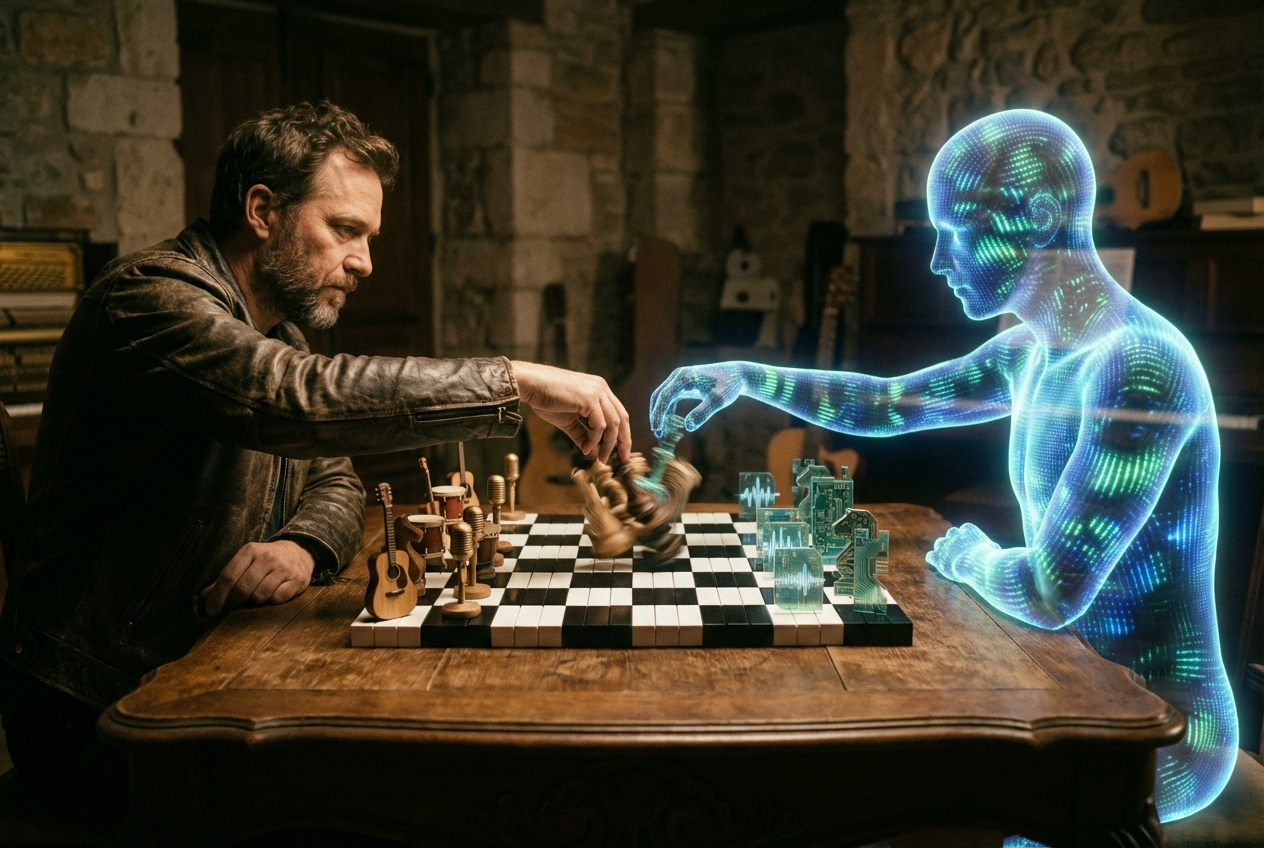 A symbolic chess game between a human musician and an AI entity, played on a board made of piano keys. The human side has traditional instruments as chess pieces — guitars, drums, microphones. The AI side has glowing digital chess pieces shaped like waveforms and circuit boards. Both players are reaching for the center of the board where the pieces are starting to merge together. Dramatic side lighting creates long shadows.