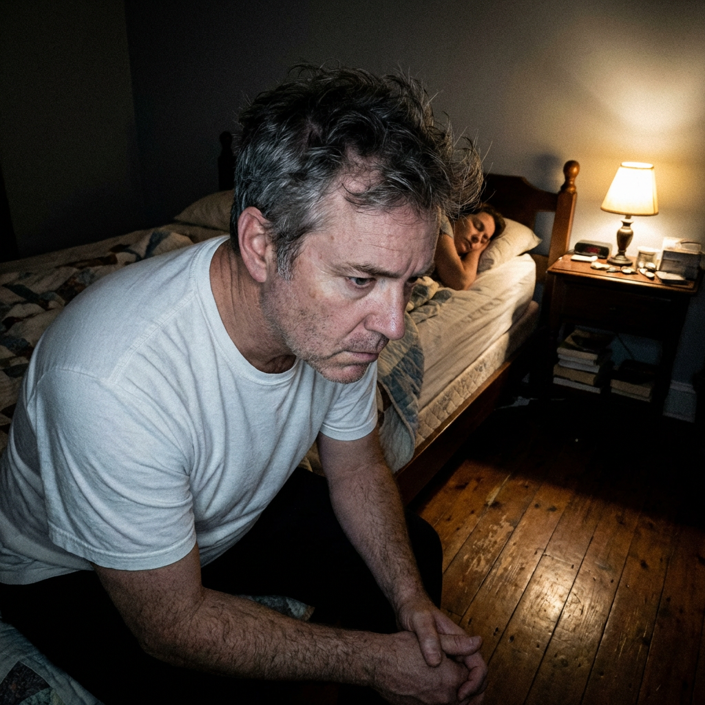 Man sitting alone on edge of bed at night, wife turned away on far side