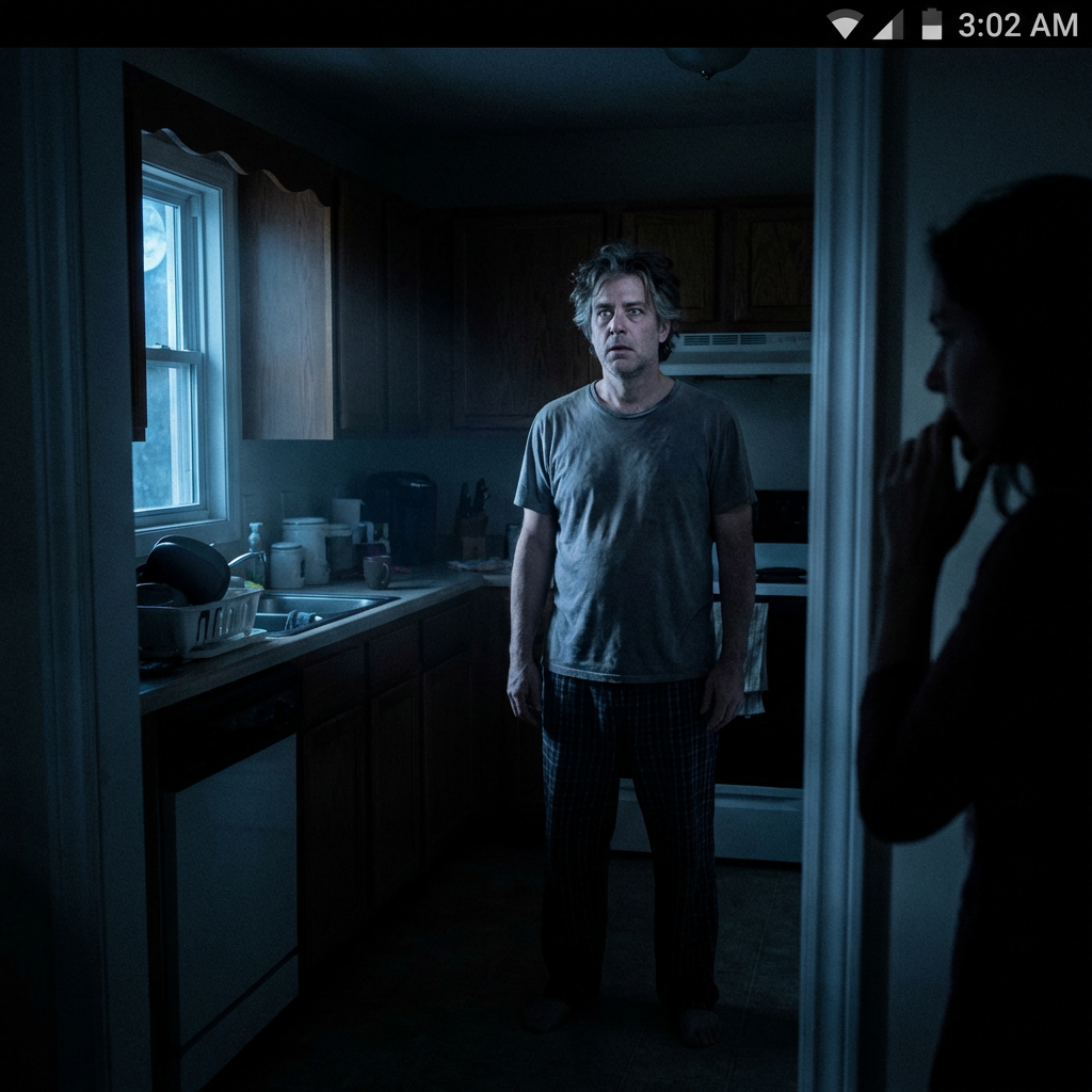 Fletcher standing alone in dark kitchen at 3AM, eyes open but vacant, wife watching from doorway