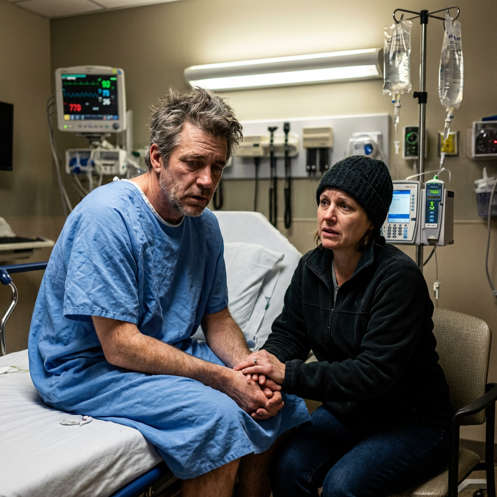 Man sitting on hospital bed in emergency room, wife beside him, fluorescent lights overhead, monitors beeping, early morning