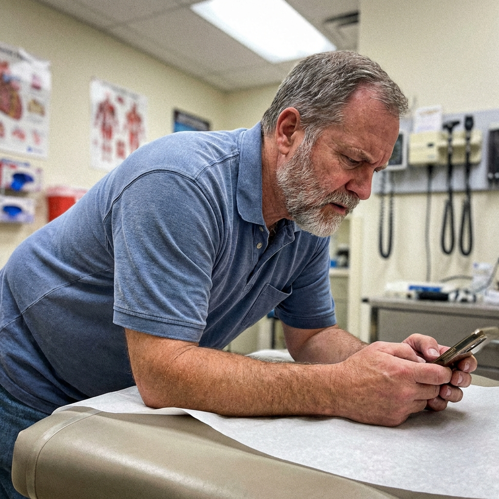 Man sitting in doctor's office looking down at his belly with frustration