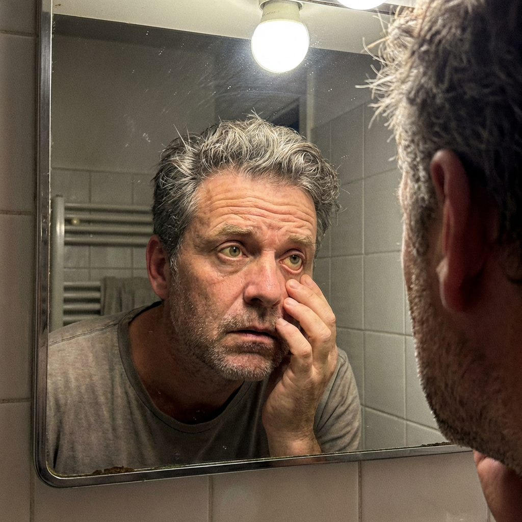 Man looking in bathroom mirror examining yellowish tint in his eyes