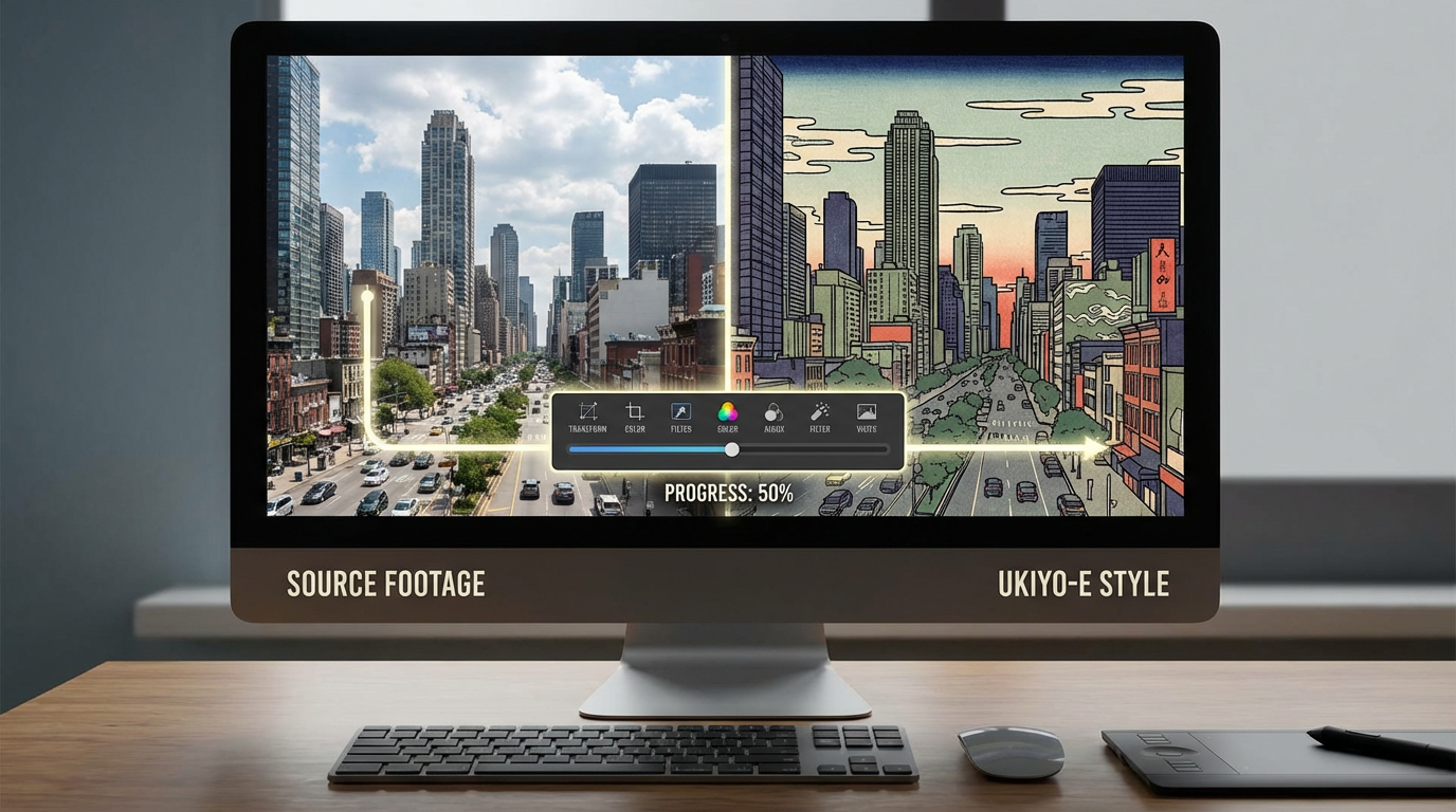 Split screen showing an urban cityscape photograph transforming into a Japanese ukiyo-e woodblock print style with flowing lines and flat color areas