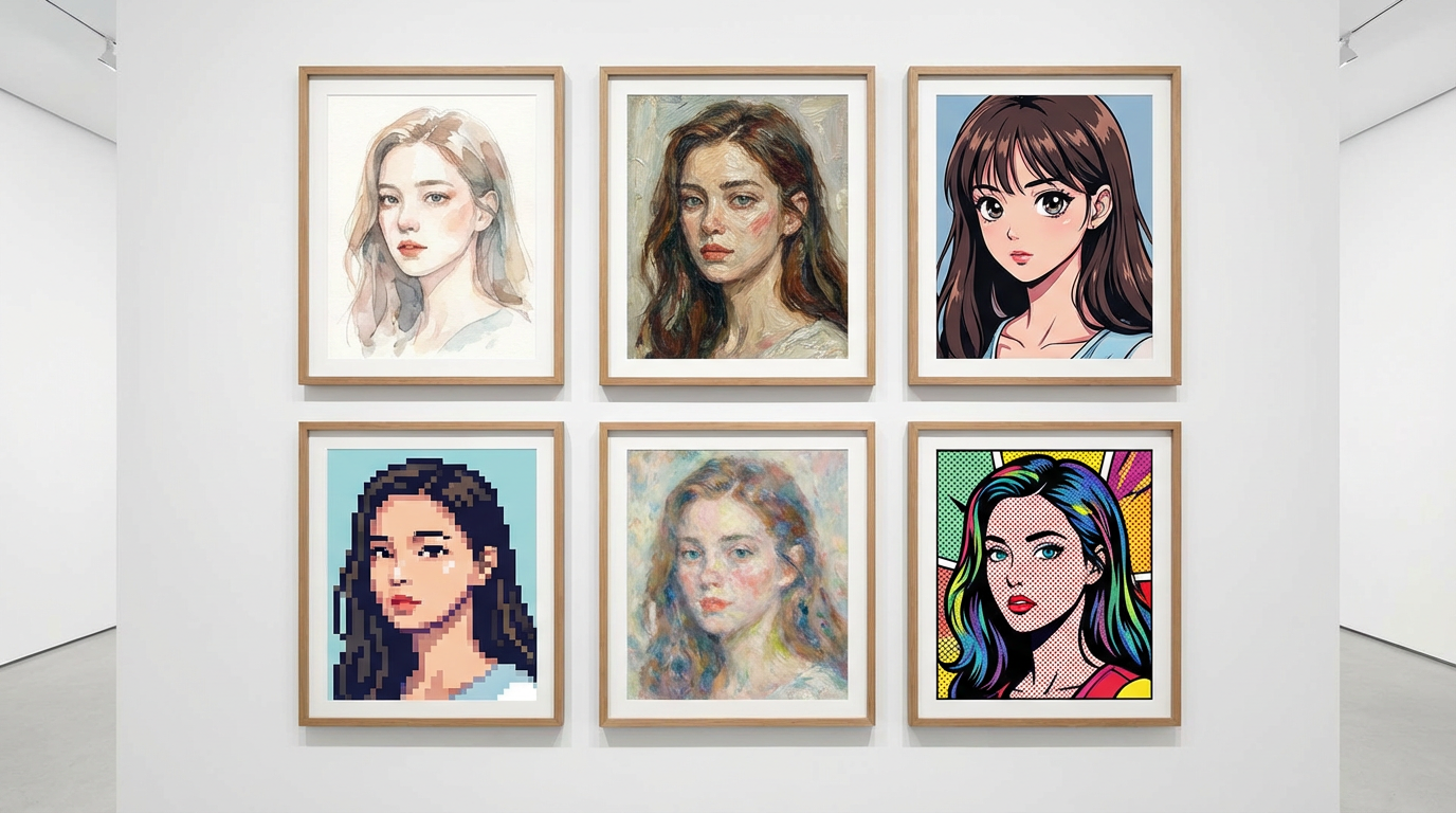 Multiple art styles applied to the same portrait photo in a gallery grid — watercolor, oil painting, anime, pixel art, impressionist, and pop art