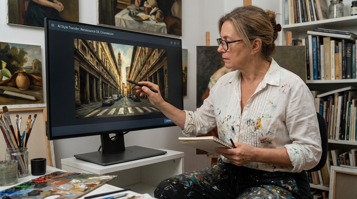 Professional artist reviewing AI-generated style transfers on a large monitor showing a photograph rendered in Renaissance oil painting style