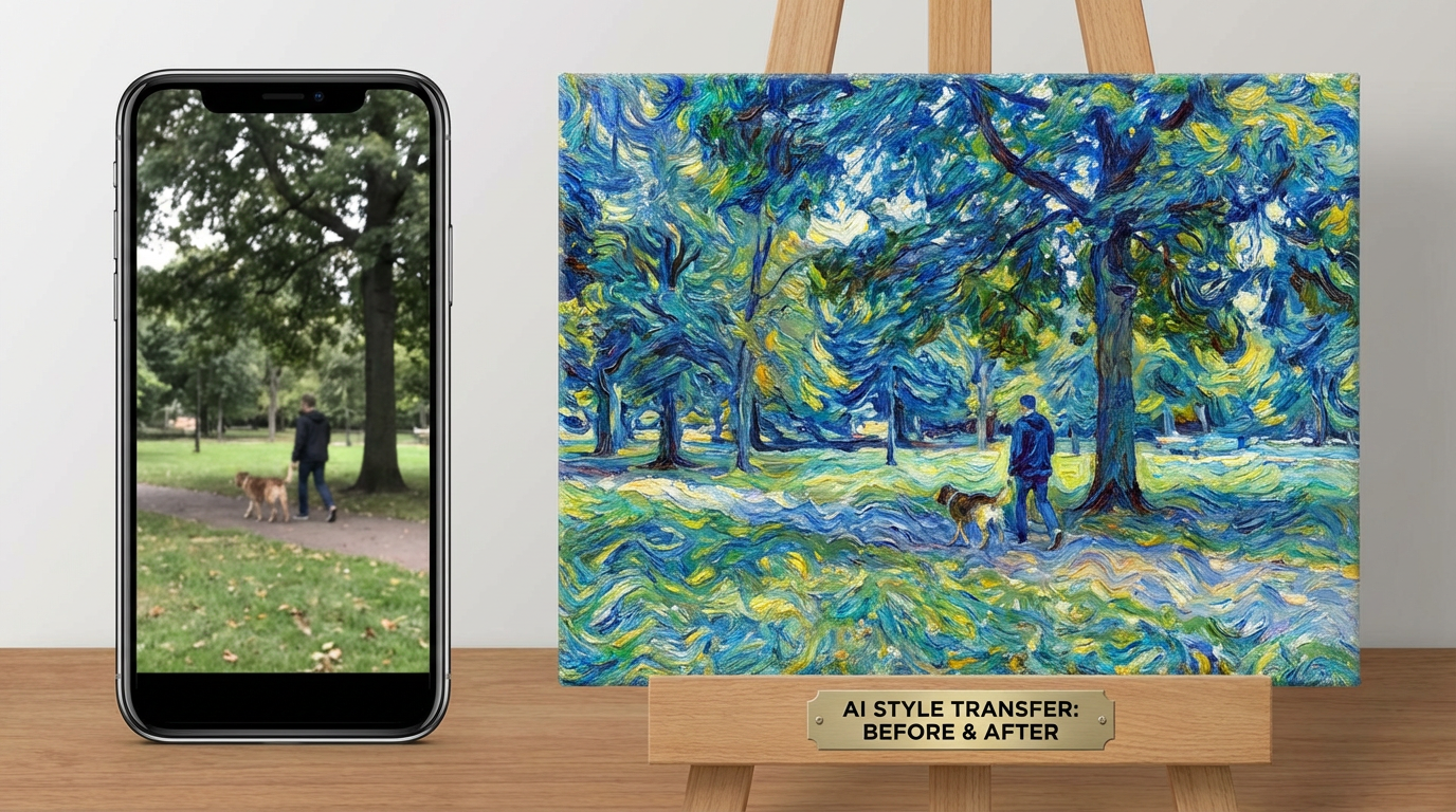 Before and after comparison of a smartphone photo transformed into a stunning impressionist masterpiece with visible brushstrokes and artistic depth