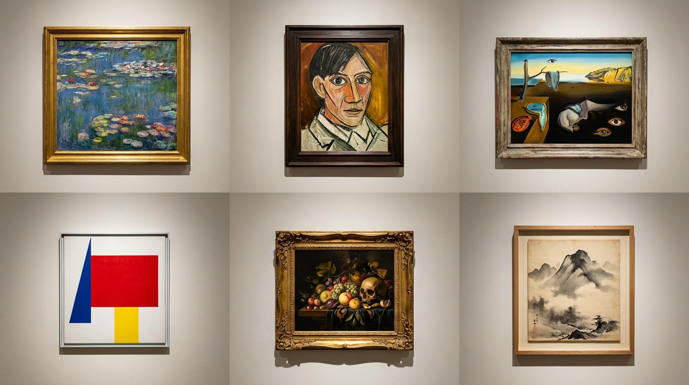 A collection of paintings in different art styles on a gallery wall — impressionist, cubist, surrealist, minimalist, baroque, and Japanese ink wash