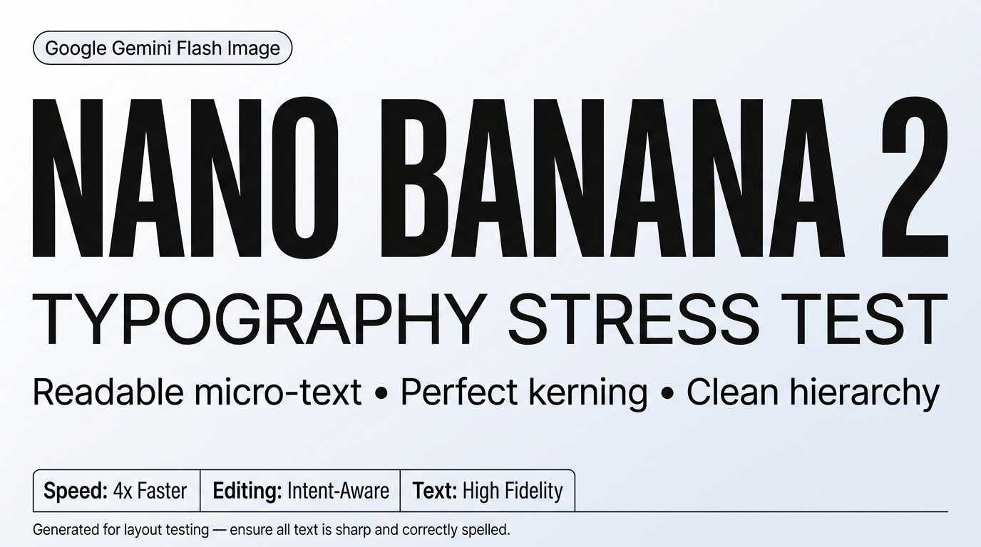 Nano Banana 2 advanced typography stress test banner with multiple text sizes and strict grid layout
