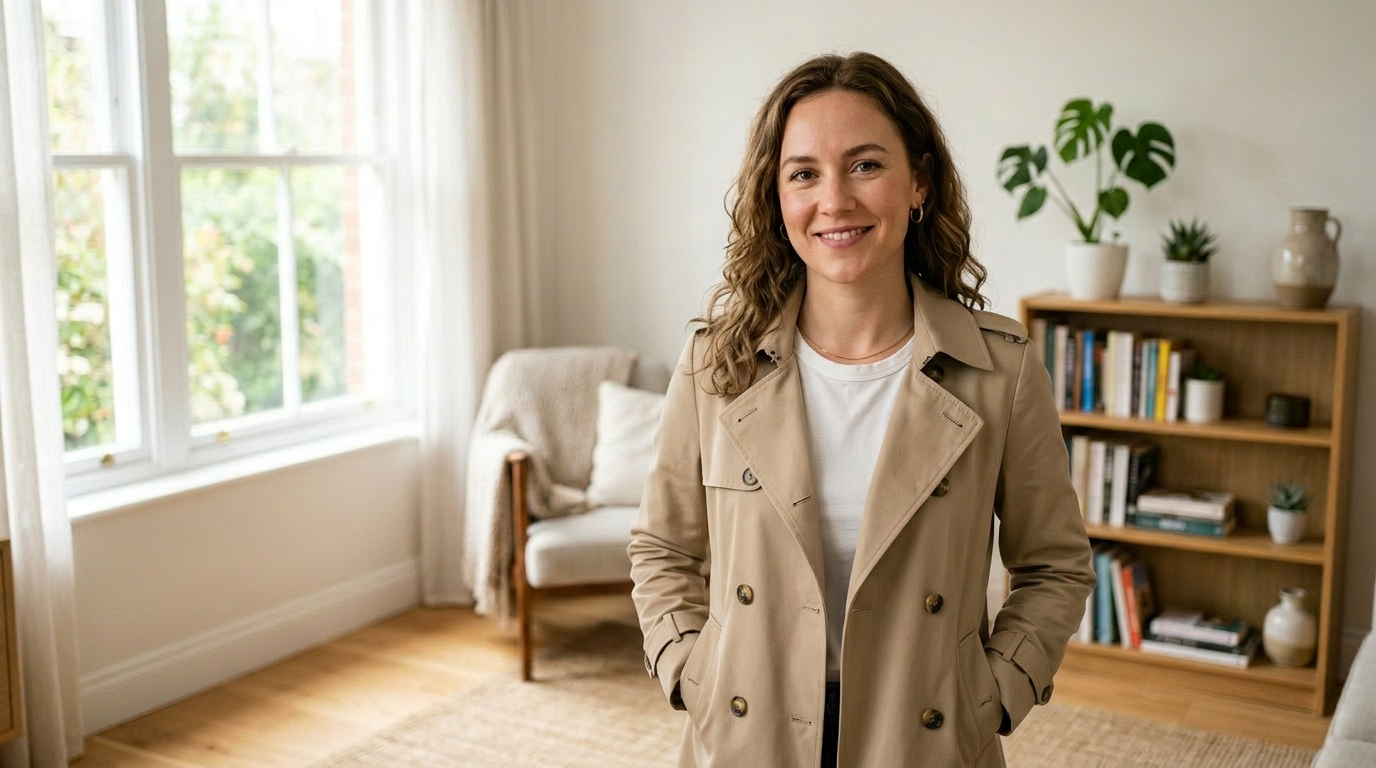 Edited result: jacket changed to trench coat while preserving identity