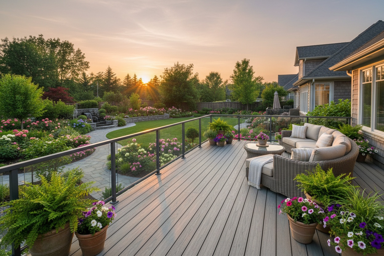 Beautiful composite deck with outdoor furniture overlooking a backyard