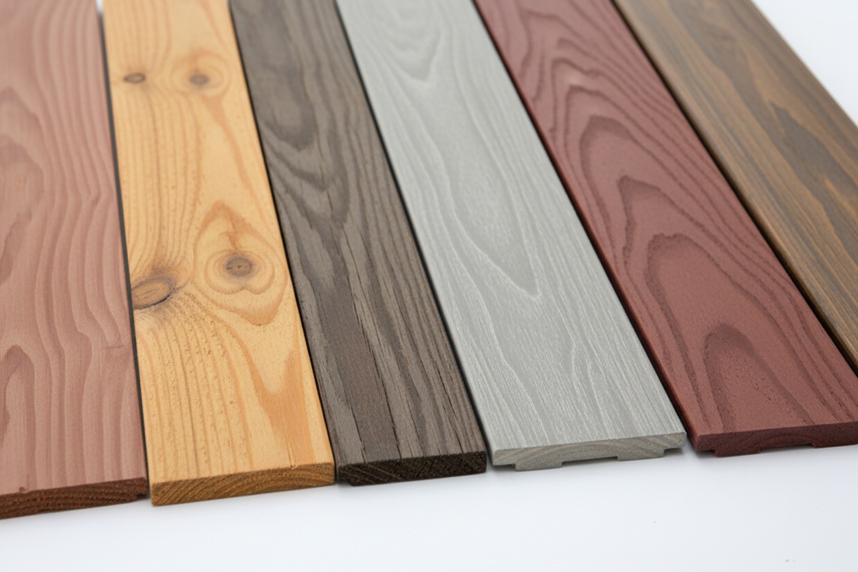 Close-up of deck board materials showing wood grain texture
