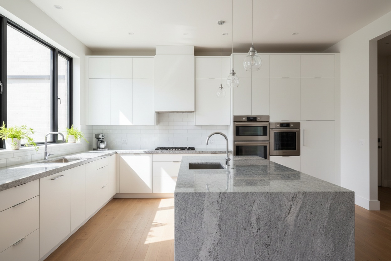 Modern kitchen with stone countertops and white cabinetry