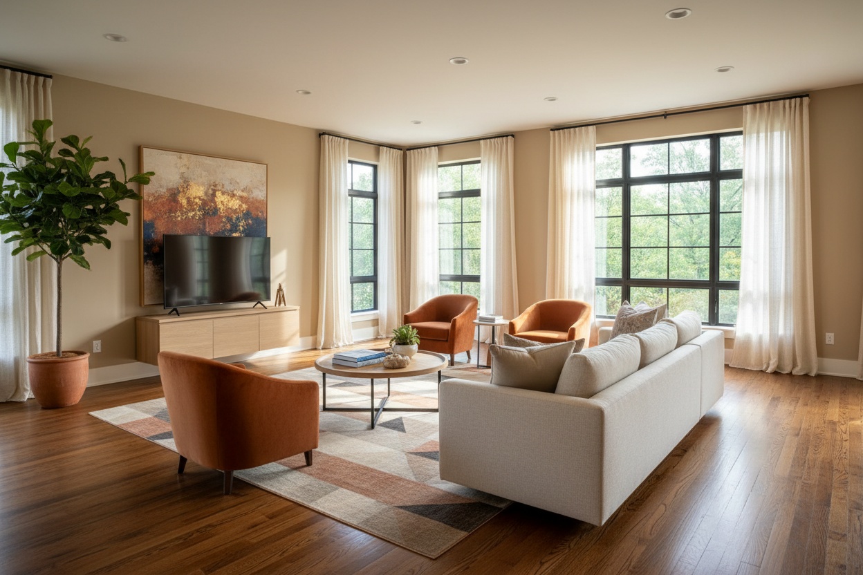 Beautiful hardwood flooring in a modern living room with natural light
