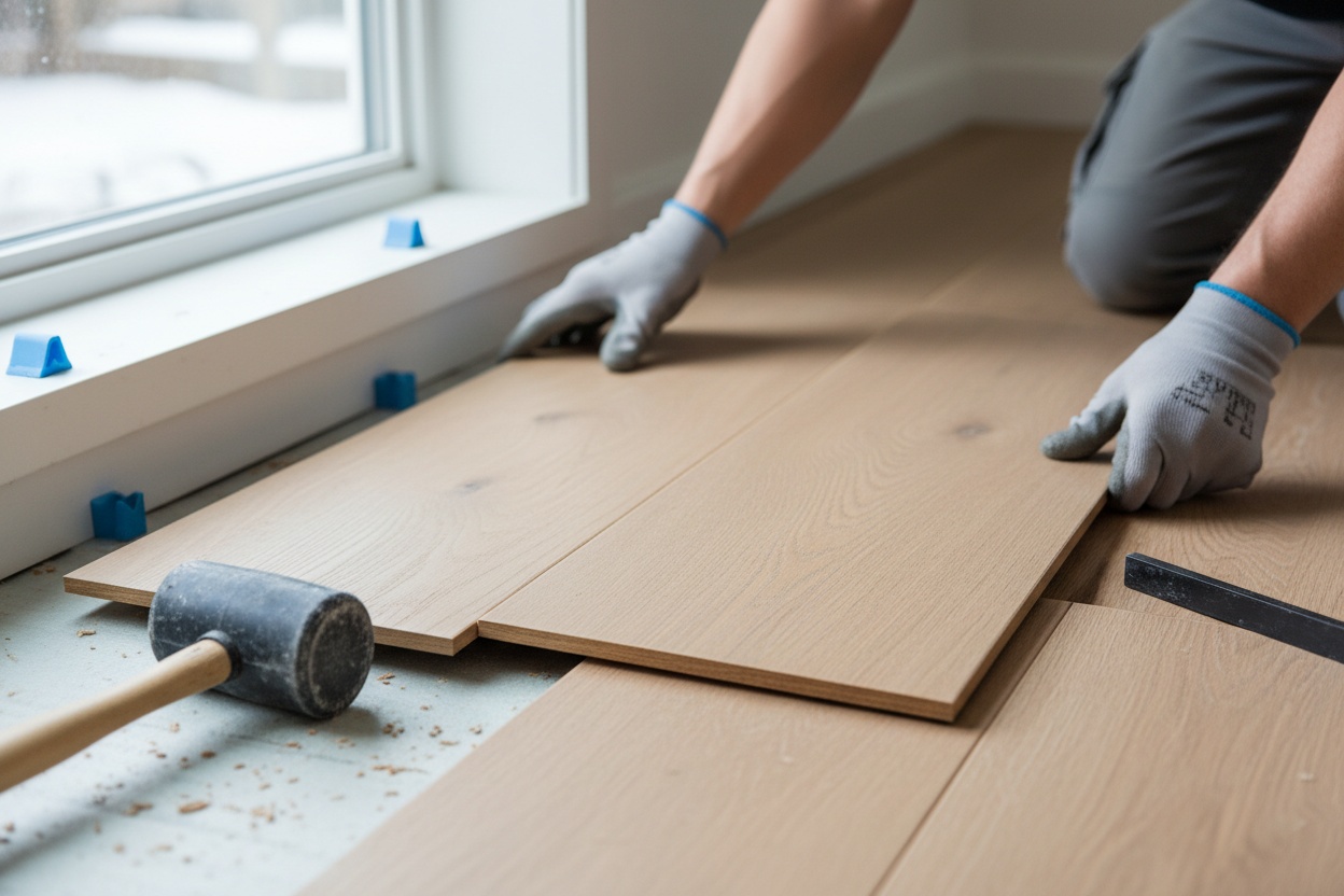 Engineered hardwood flooring installation in progress