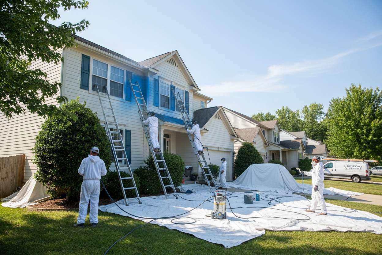 Professional painter working on home exterior with quality paint