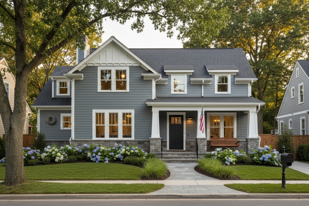 Home exterior with freshly painted siding and trim in complementary colors