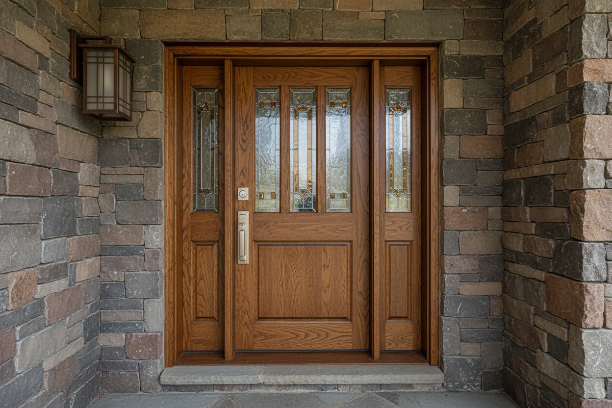 Elegant front entry door with sidelights on a well-maintained home exterior