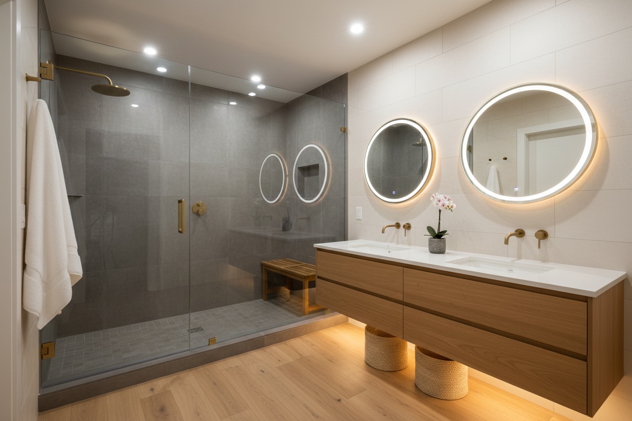 Modern bathroom remodel with walk-in shower and contemporary tile work