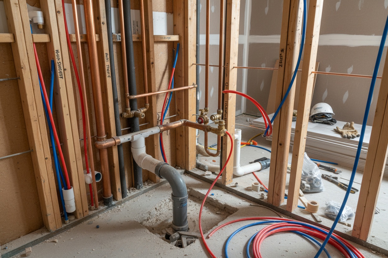 Plumbing rough-in work during a bathroom remodel showing copper pipes and valves