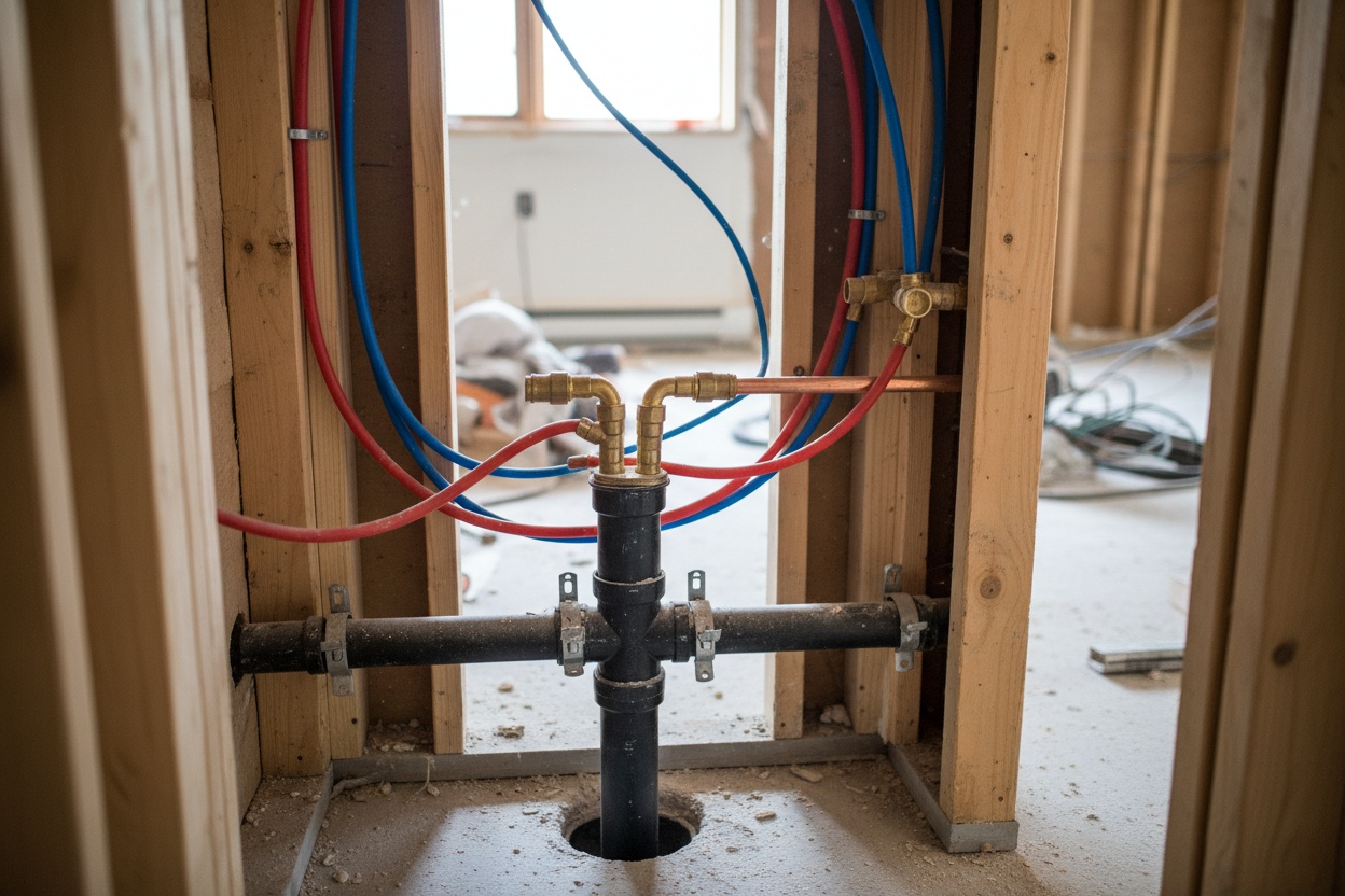 Plumbing rough-in during a bathroom renovation showing exposed pipes