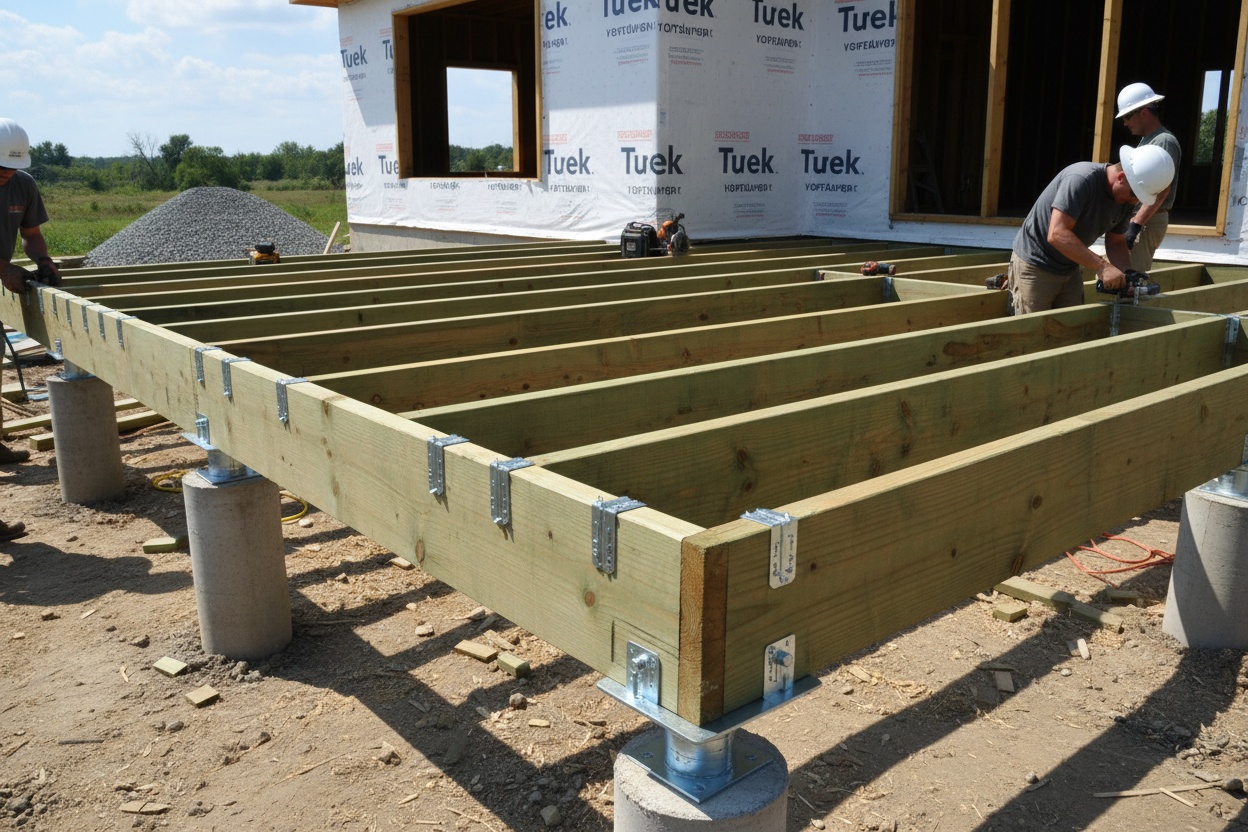 Deck under construction showing structural framing and joists