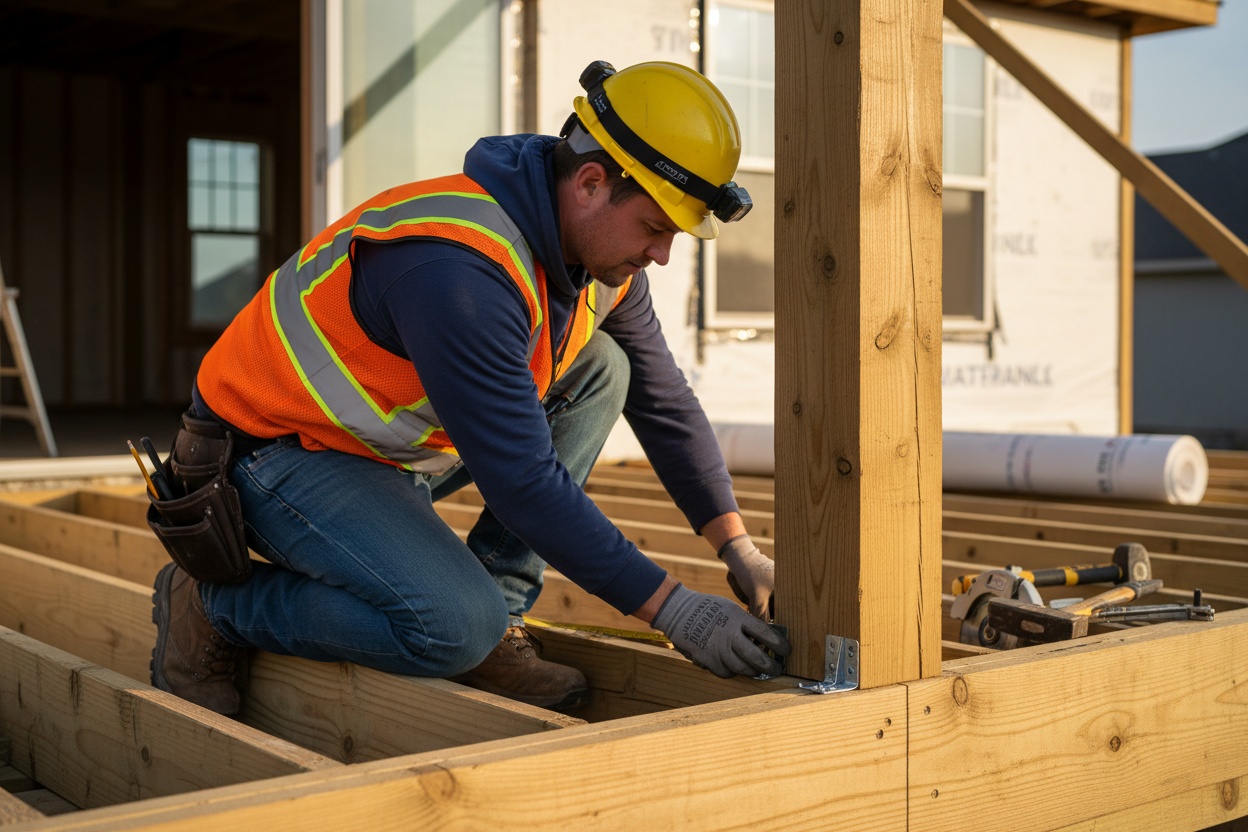 Construction worker inspecting structural framing on a residential project