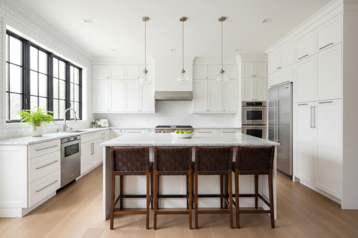 Modern kitchen with white cabinetry, quartz countertops, and pendant lighting