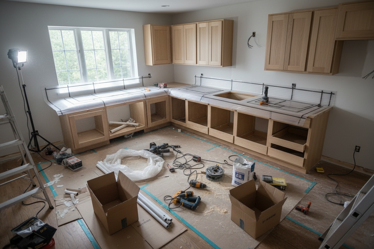 Kitchen renovation in progress showing new cabinetry and countertop installation