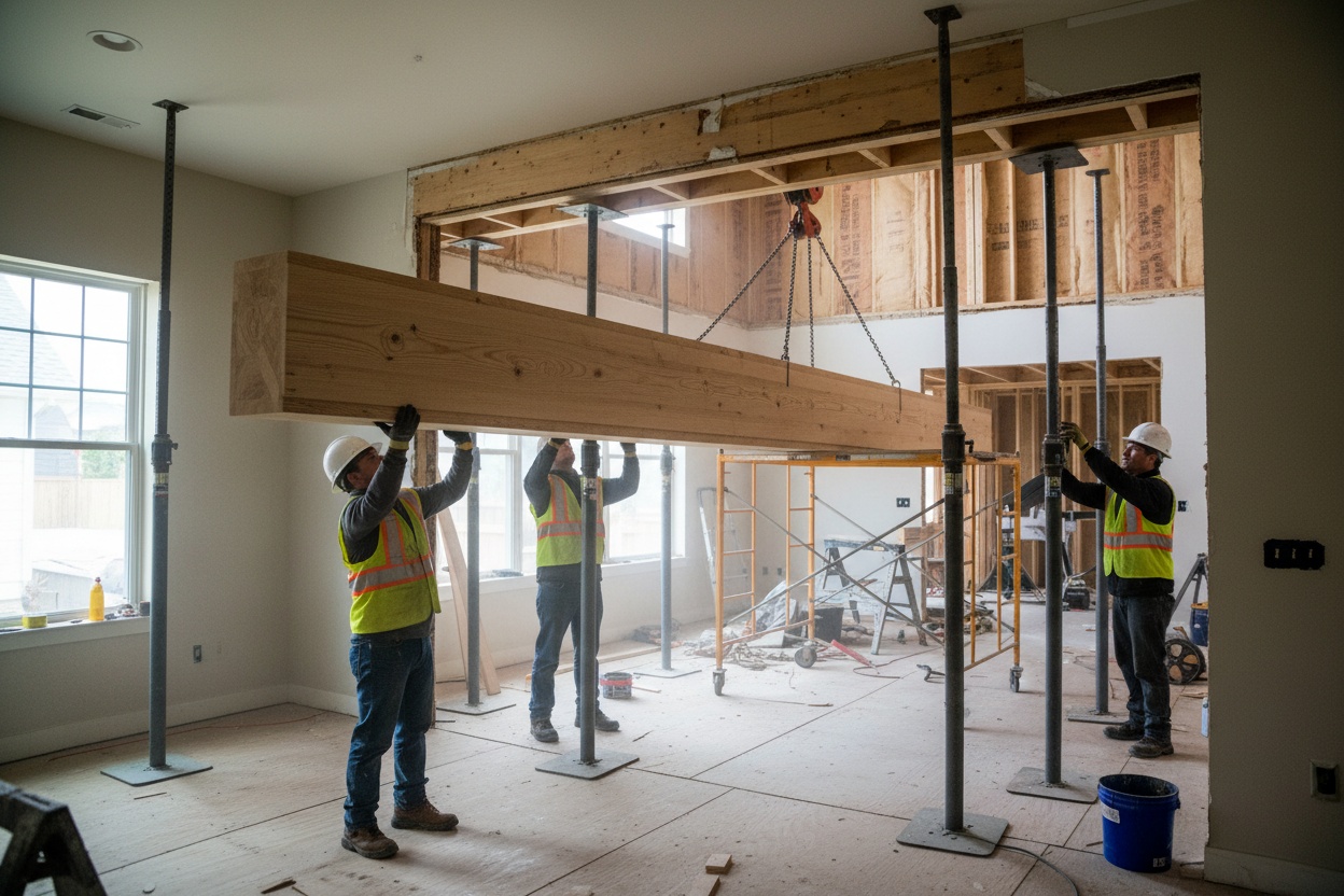 Construction in progress showing structural beam installation