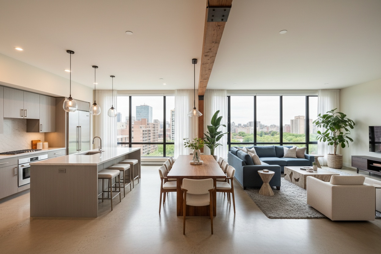 Open concept kitchen and living room with exposed beam ceiling