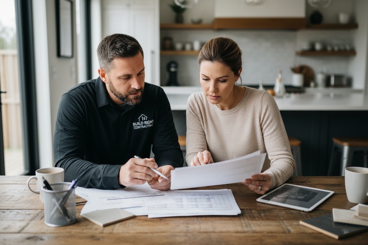 Contractor reviewing project documents and estimate paperwork