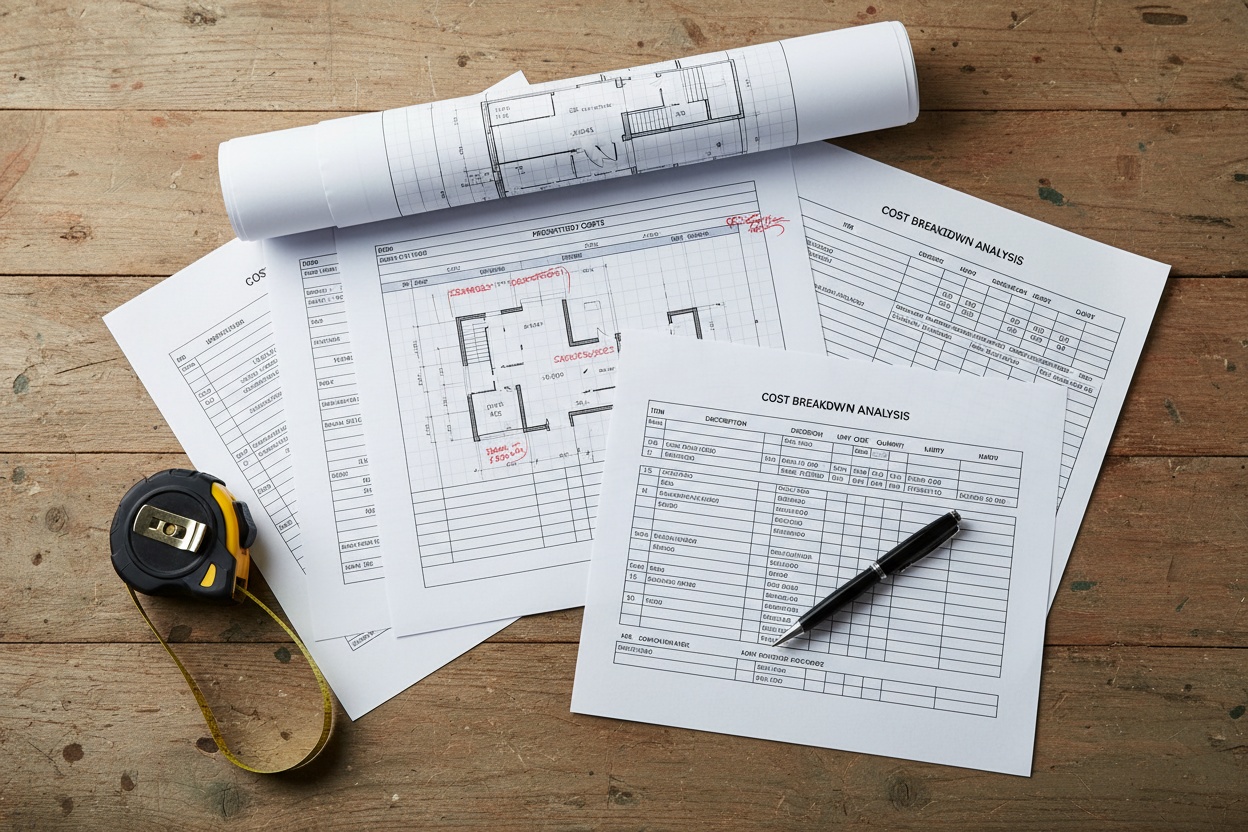 Construction documents and estimates spread on a work table