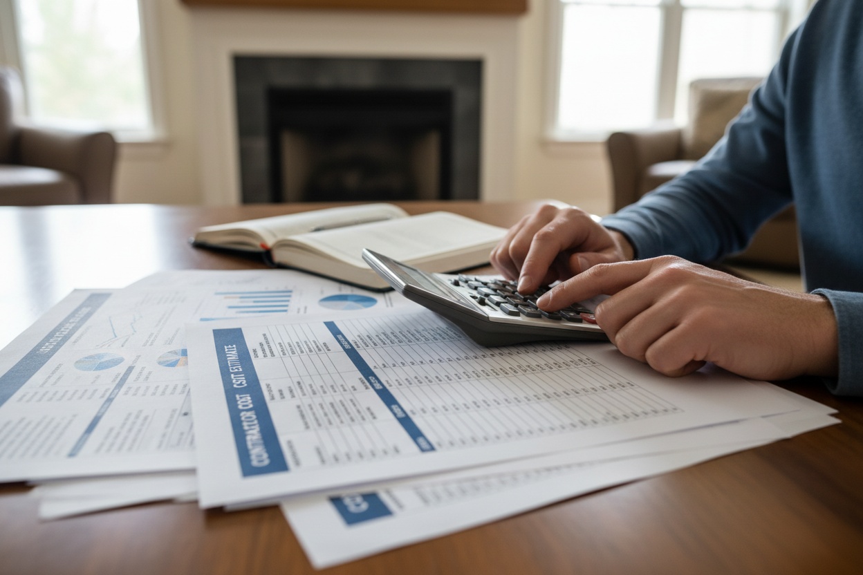 Financial documents and calculator representing project cost analysis