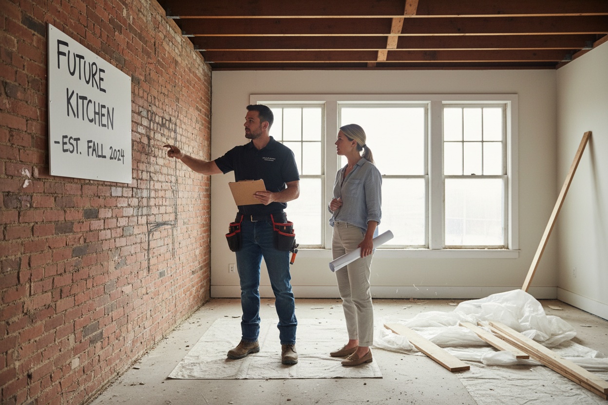 Contractor and homeowner discussing project plans on site