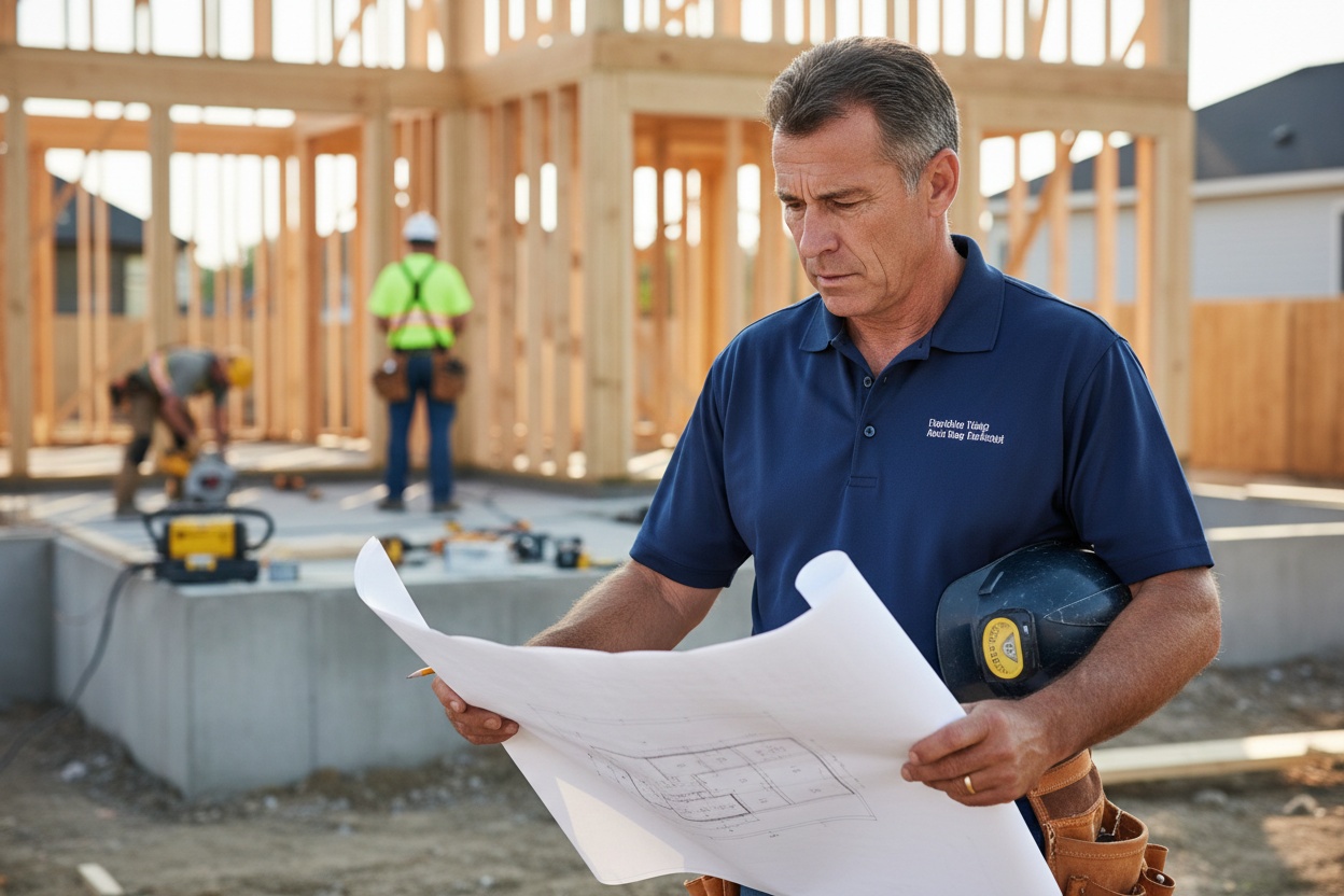 Construction professional reviewing blueprints at a job site