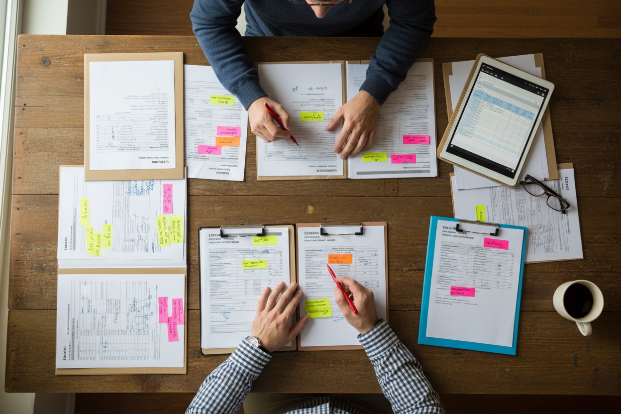 Homeowner reviewing multiple contractor estimates at a desk