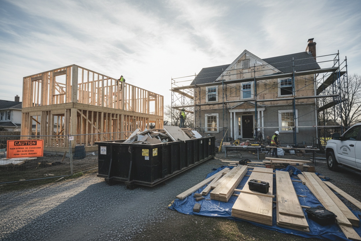 Residential home under renovation with construction materials visible