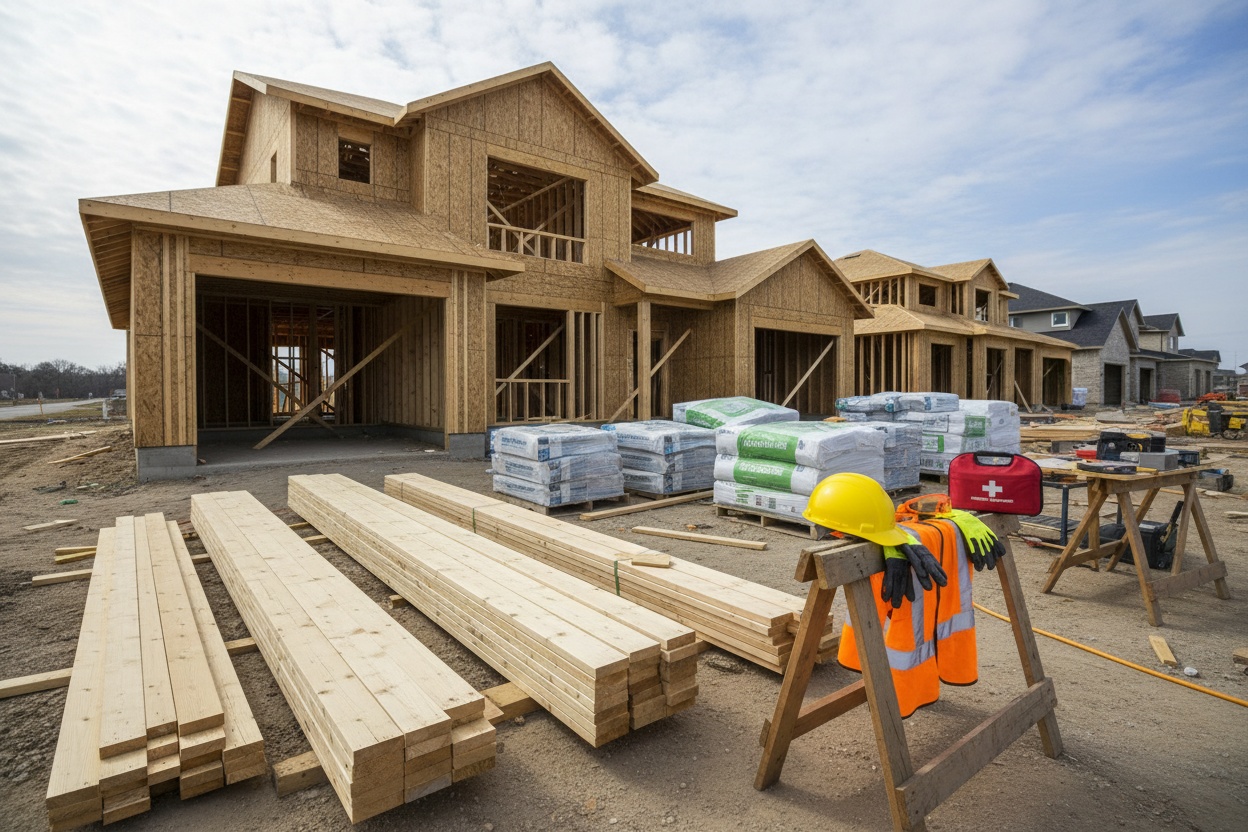 Construction site with building materials and safety equipment