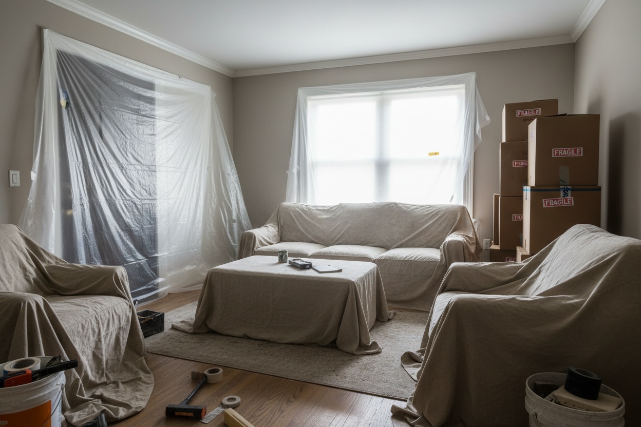 Home interior with construction materials and protective coverings during renovation