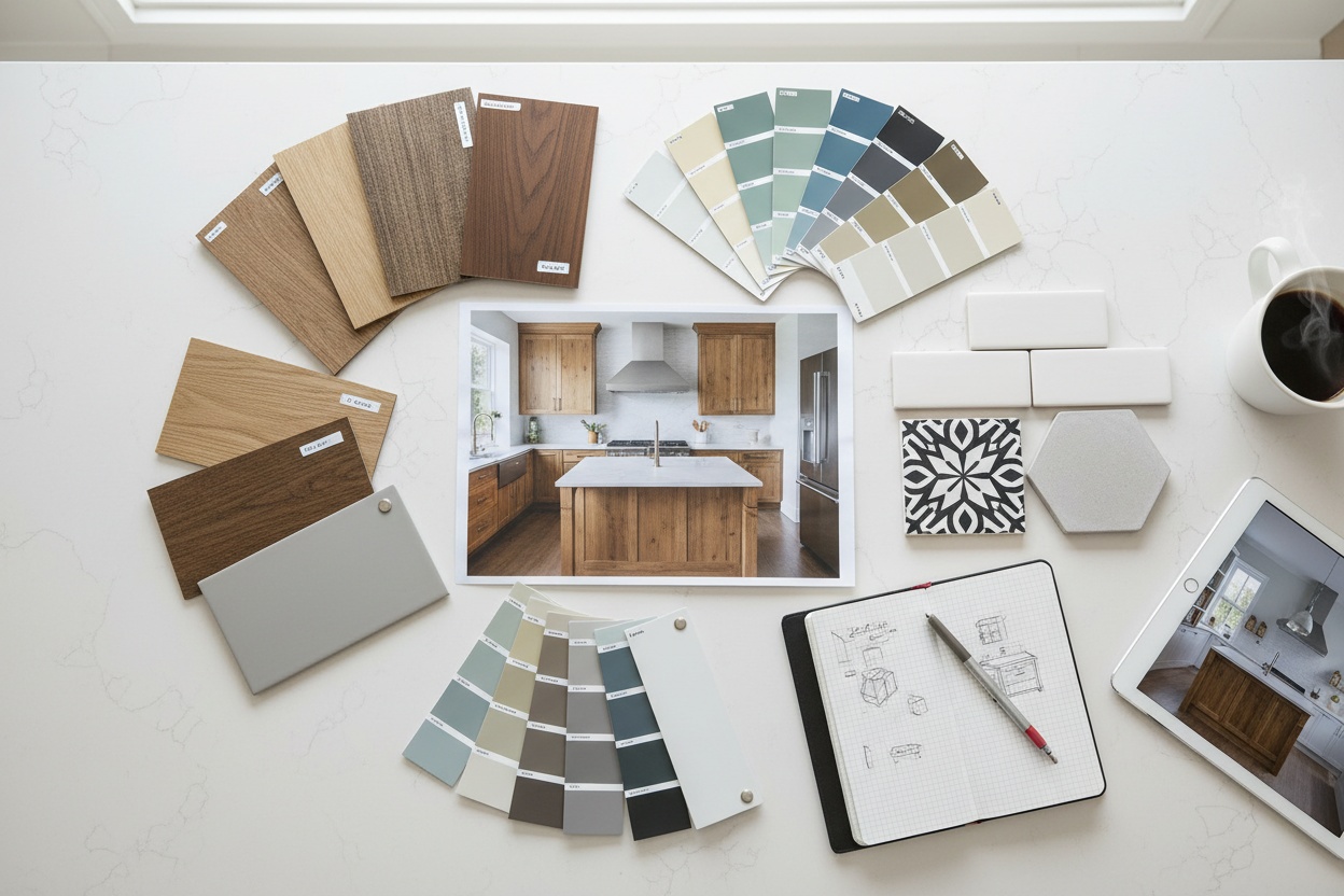 Modern kitchen ready for renovation planning with design samples