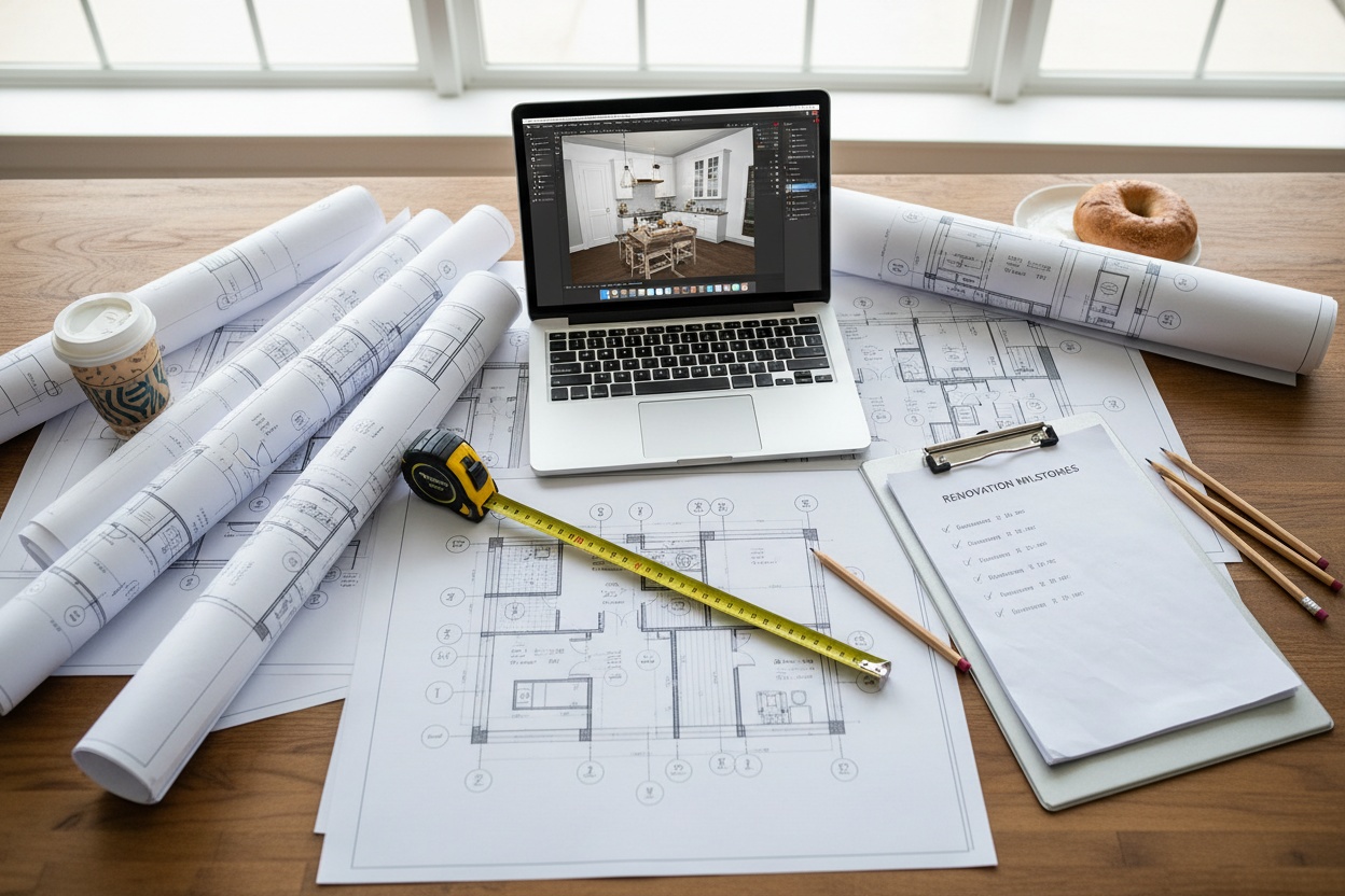 Home renovation planning with measurements and blueprints