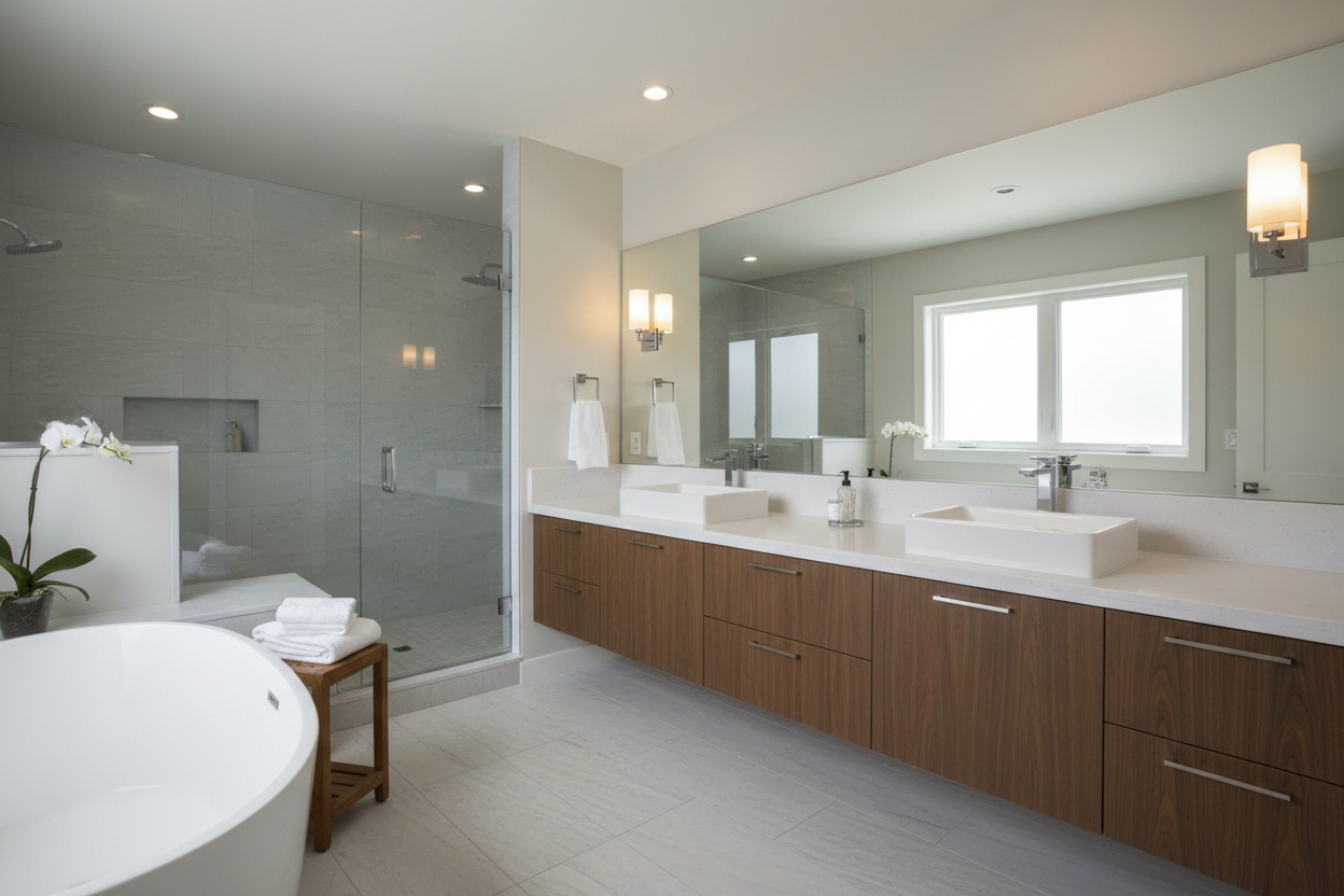 Beautifully remodeled bathroom with double vanity and modern fixtures