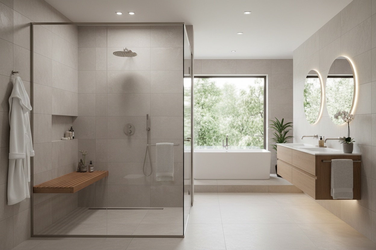 Modern bathroom with clean lines, neutral colors, and updated fixtures