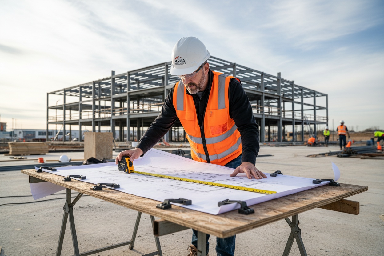 Licensed contractor reviewing building plans at a construction site