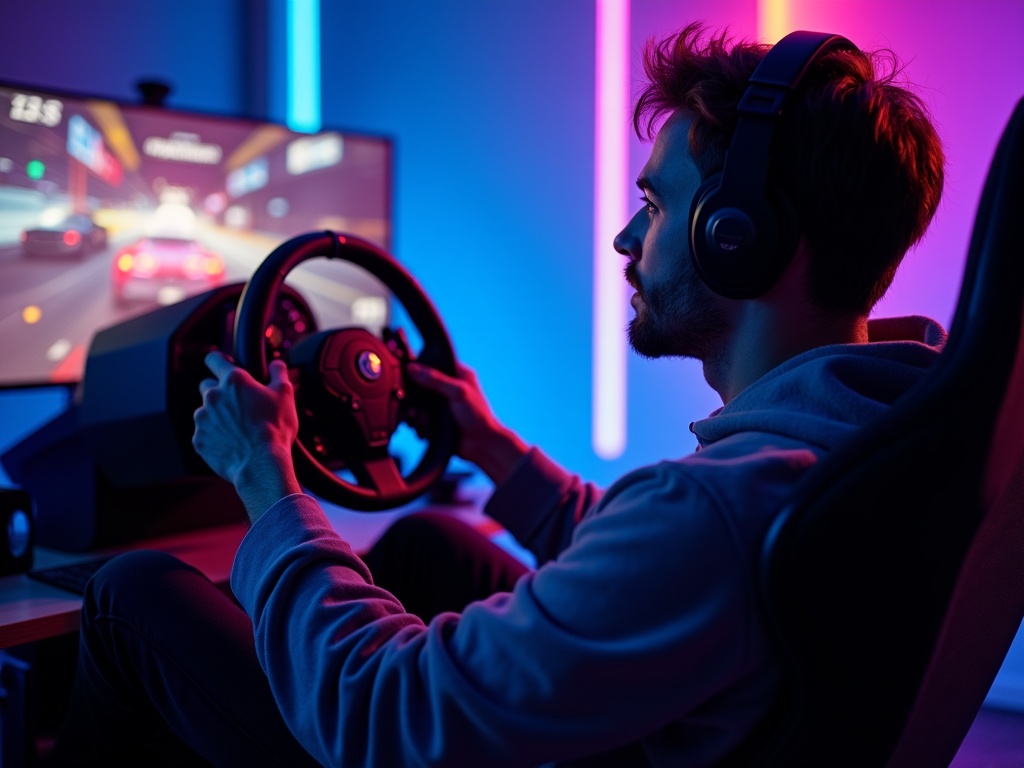 Piloto virtual concentrado usando un soporte de volante GTPLAYER en su setup de simracing